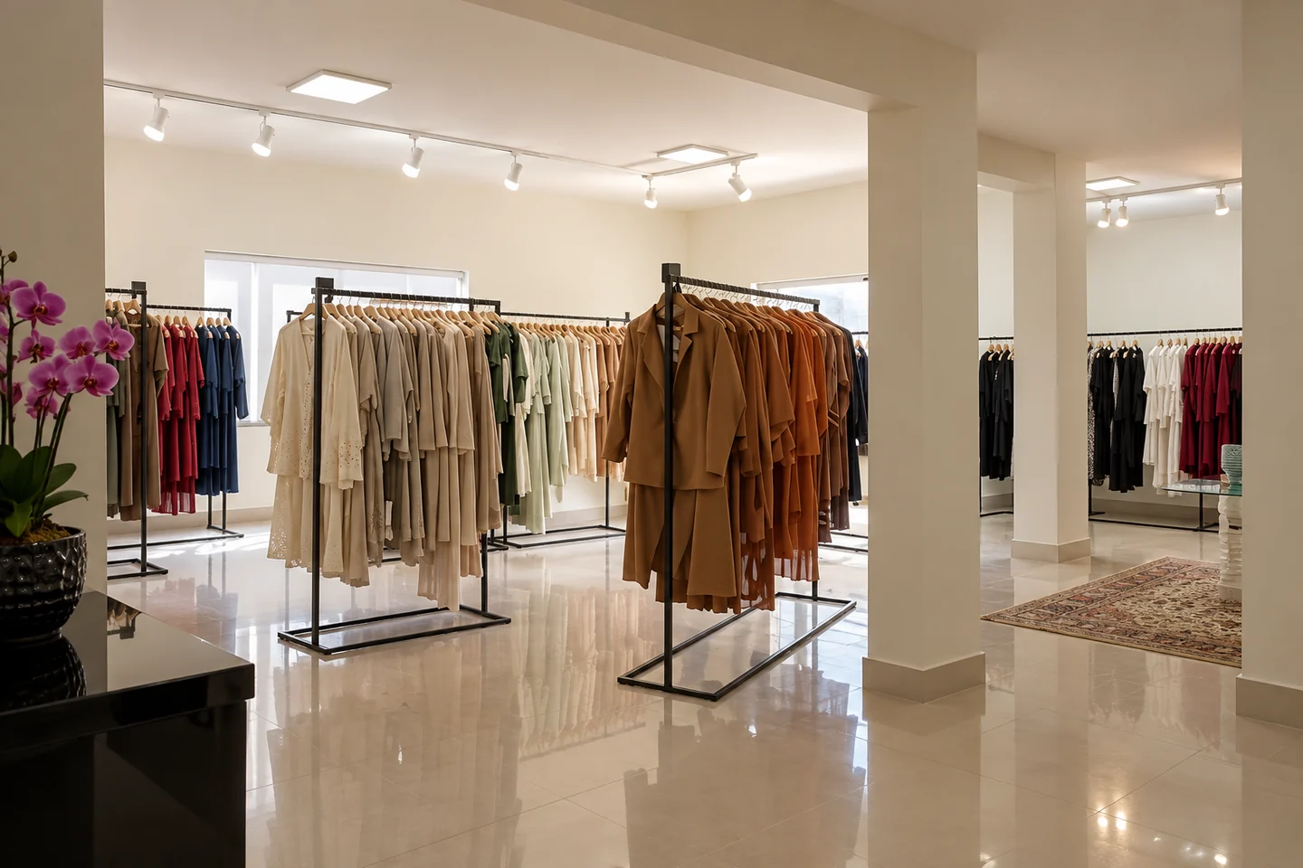 Composição editorial criada com IA com base no showroom real: vista ampla entre pilares, araras pretas e coleções femininas